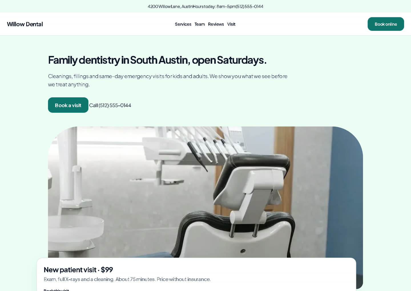 Willow Dental demo site with an appointment booking hero