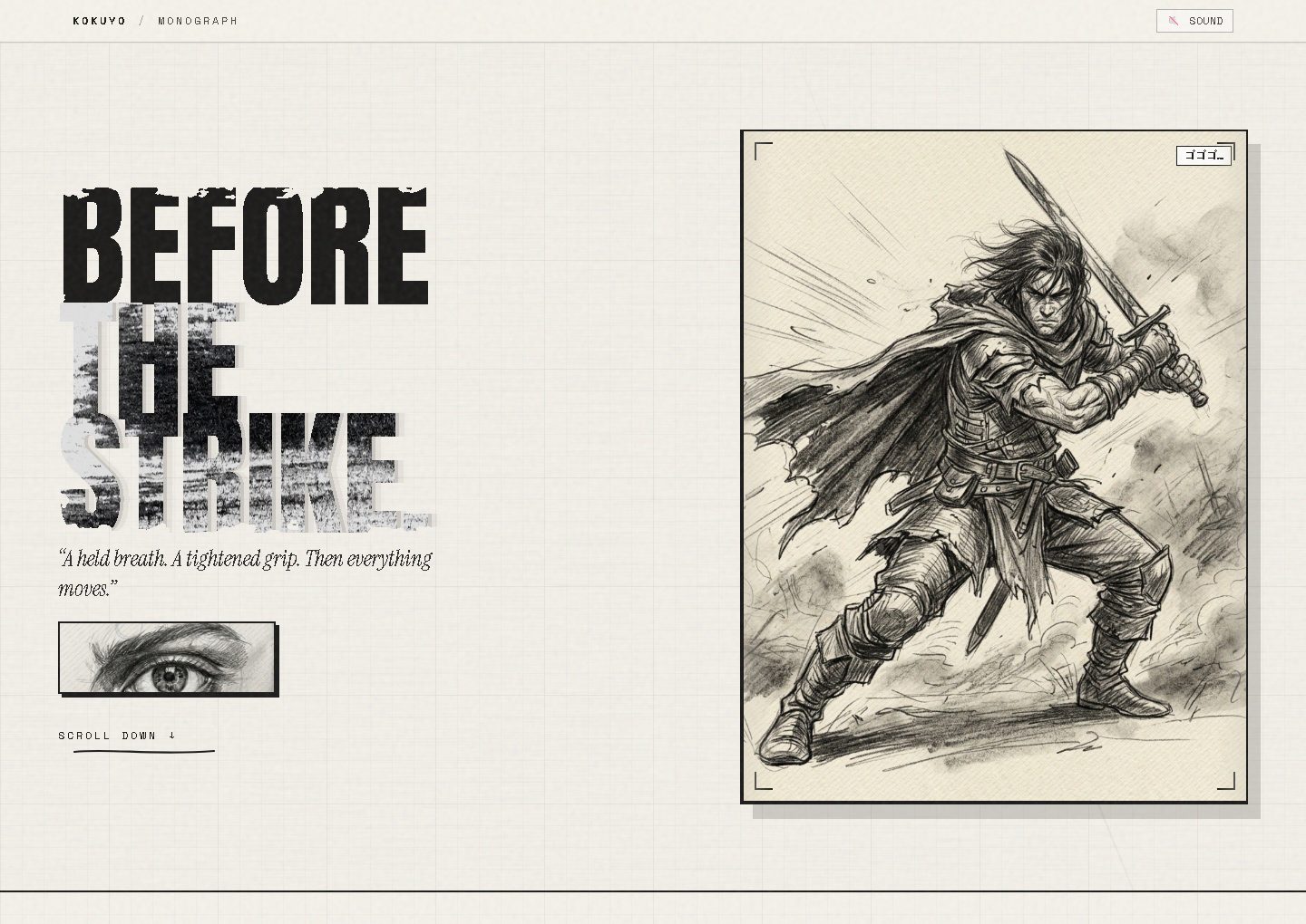 Graphite monograph website with a bold headline beside a pencil sketch of a sword fighter