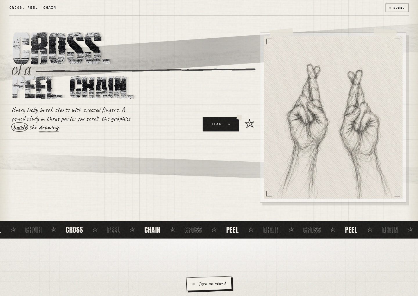 Graphite and Luck website with a distressed headline beside a sketch of crossed fingers