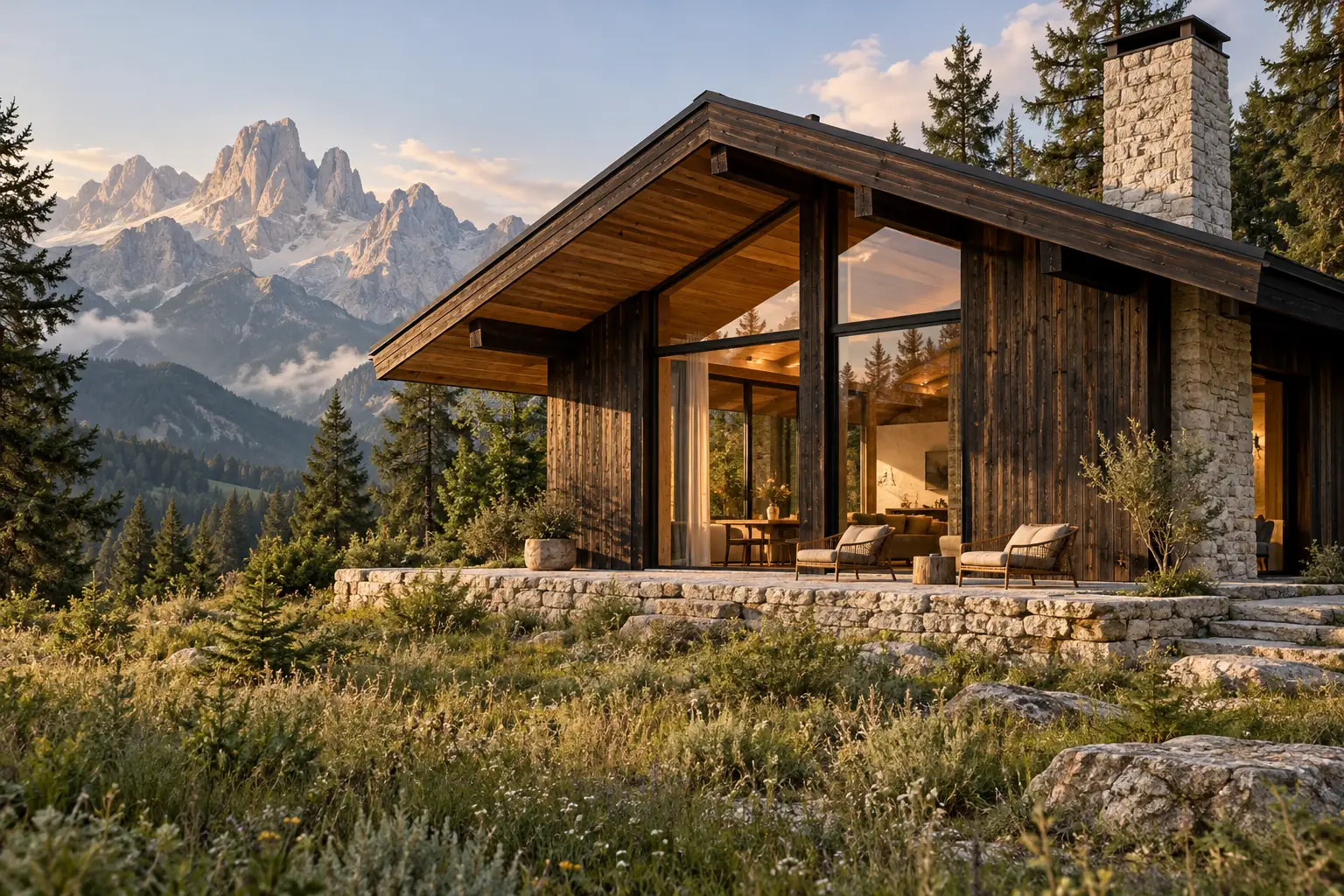 Ridge House, a charred timber cabin tucked into the alpine slope