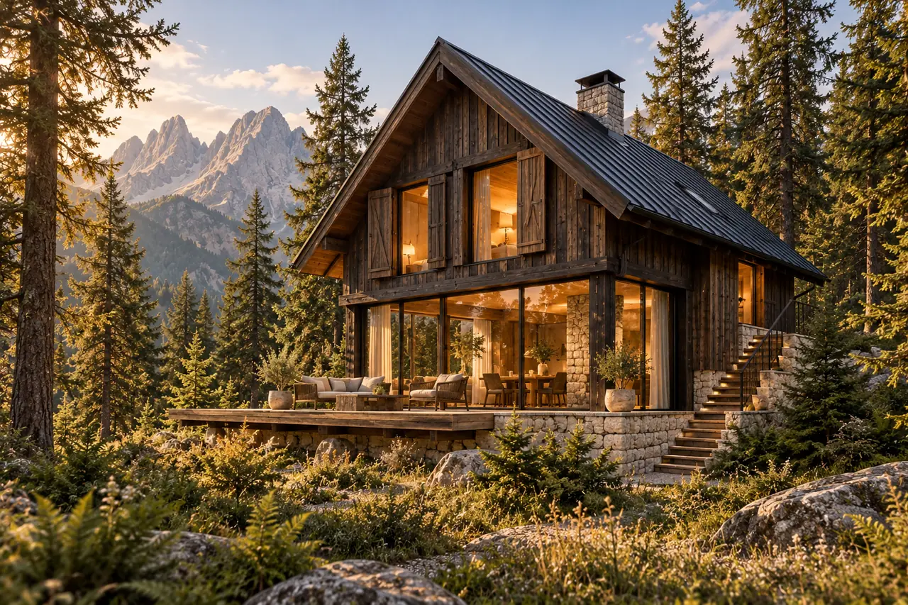 Pine Loft, a two-storey timber gable cabin with a broad deck among the pines