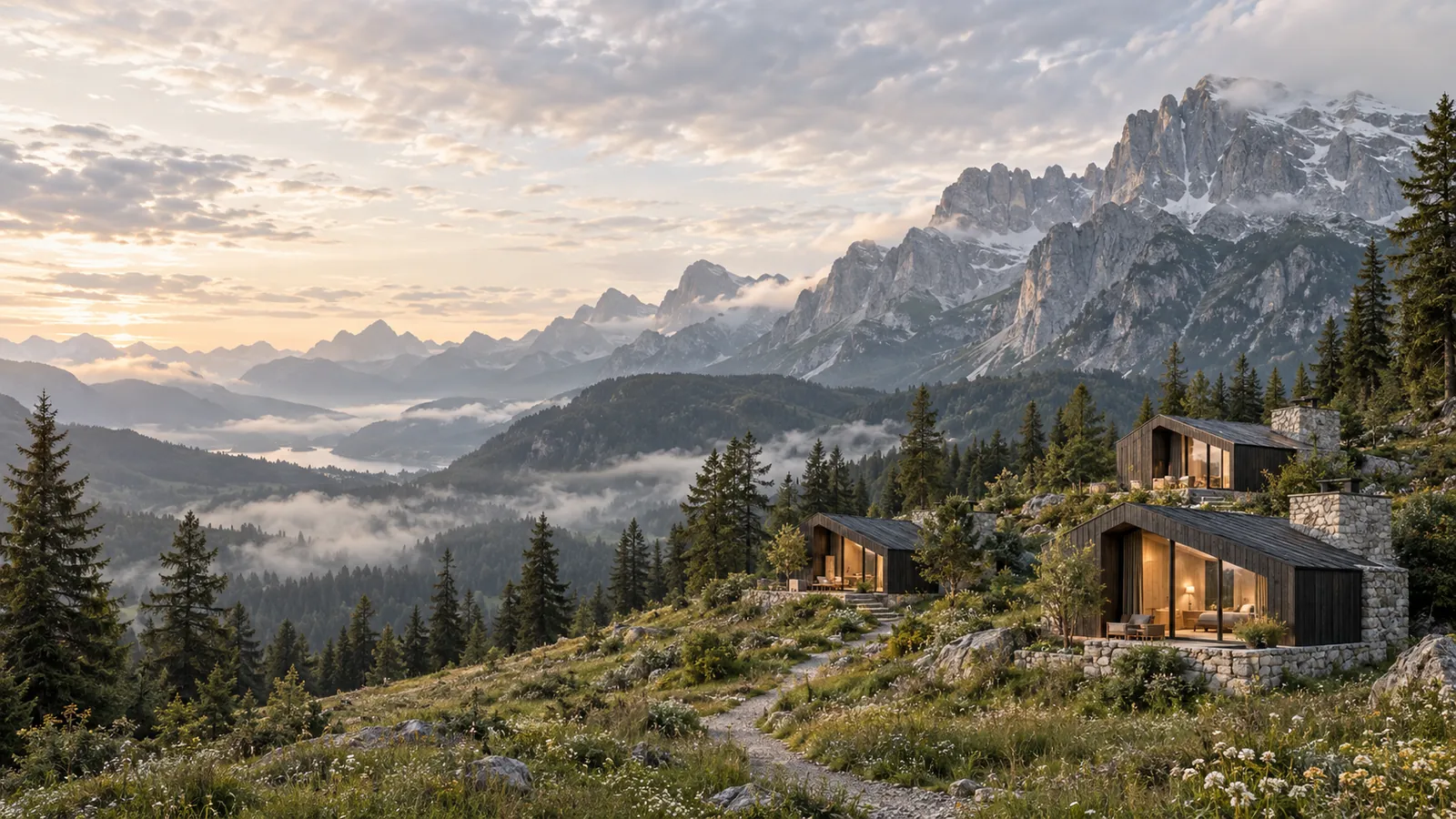 Aster Valley alpine cabins above a green valley at summer dawn