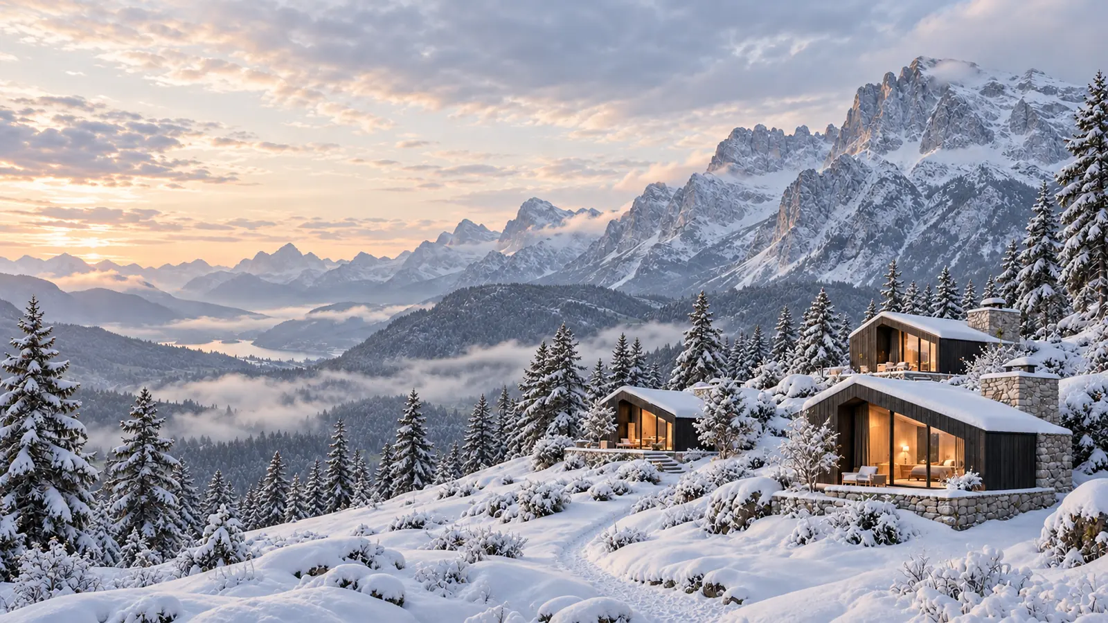 The same Aster Valley beneath a quiet winter snowfall