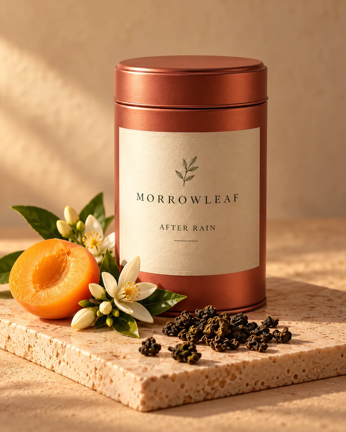 Terracotta After Rain tea tin with apricot, white orange blossoms and oolong leaves