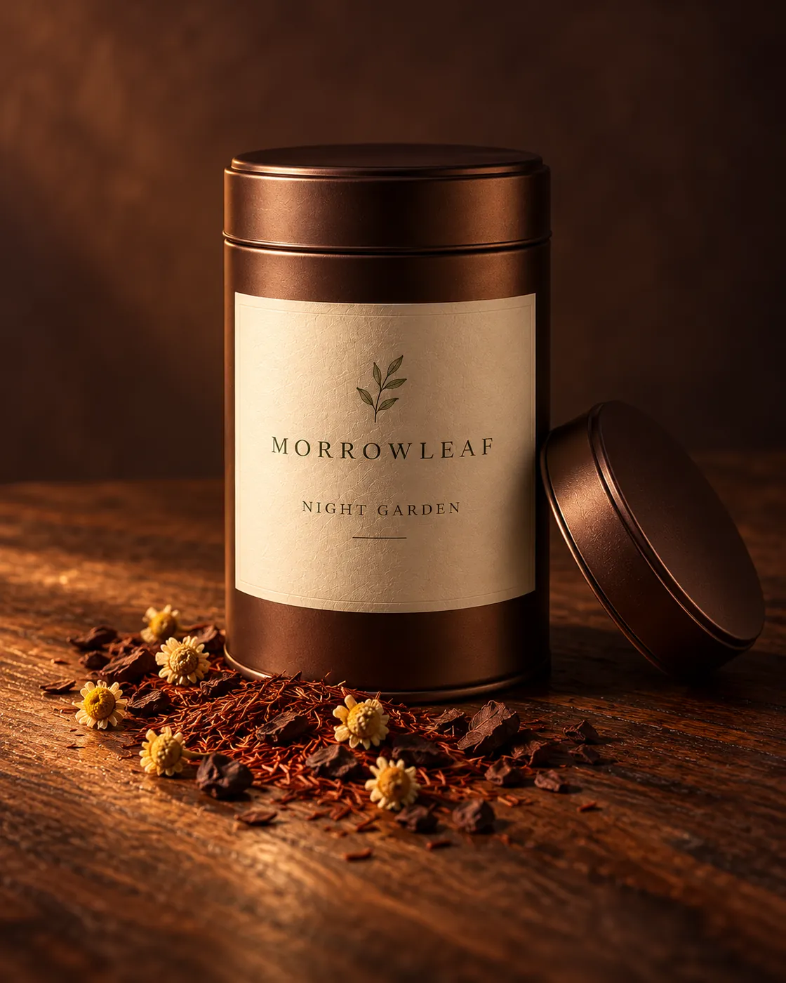 Night Garden cocoa-brown tin with chamomile, rooibos and cacao husk on dark walnut