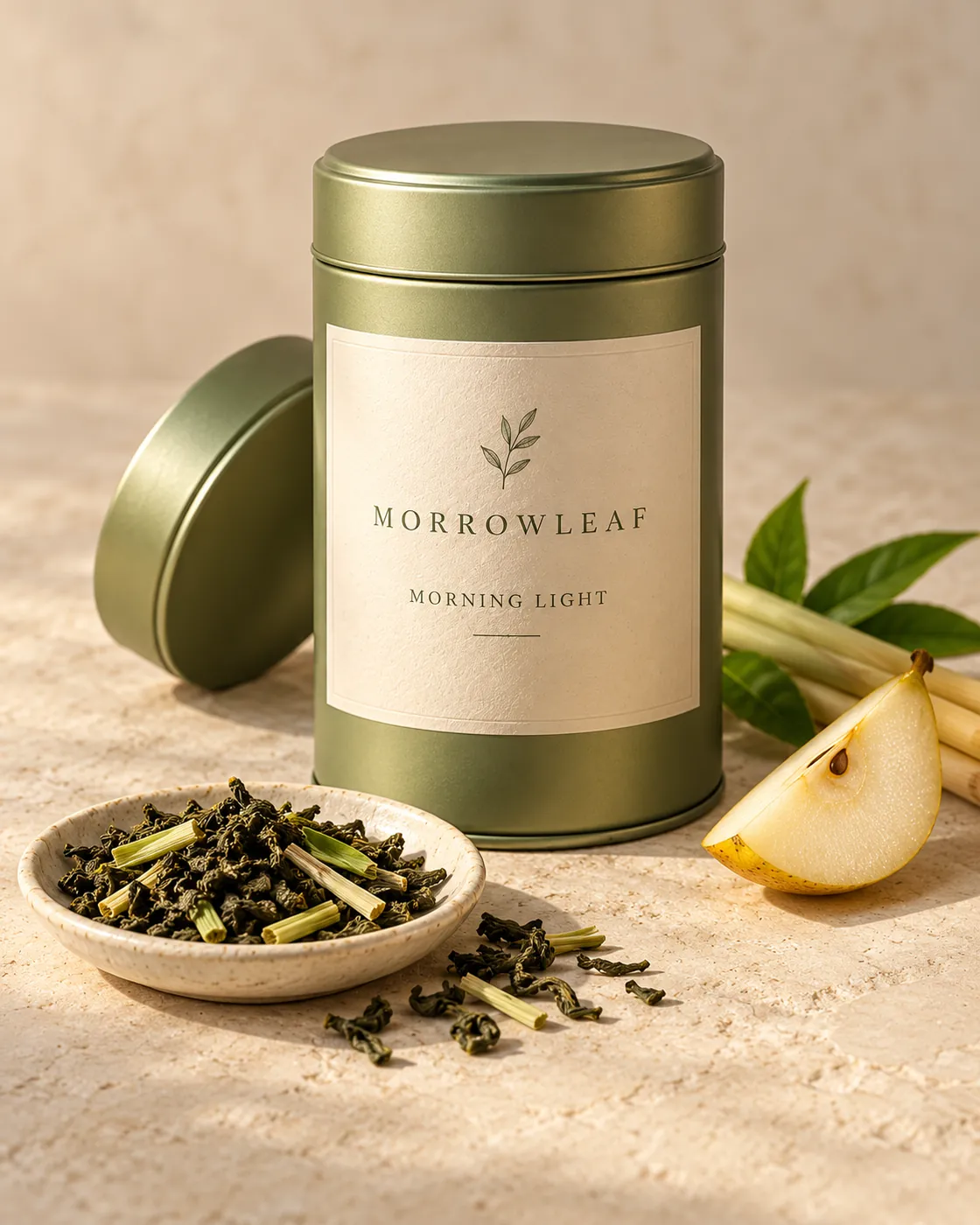 Sage green Morning Light tea tin with lemongrass, green tea and pear on pale limestone