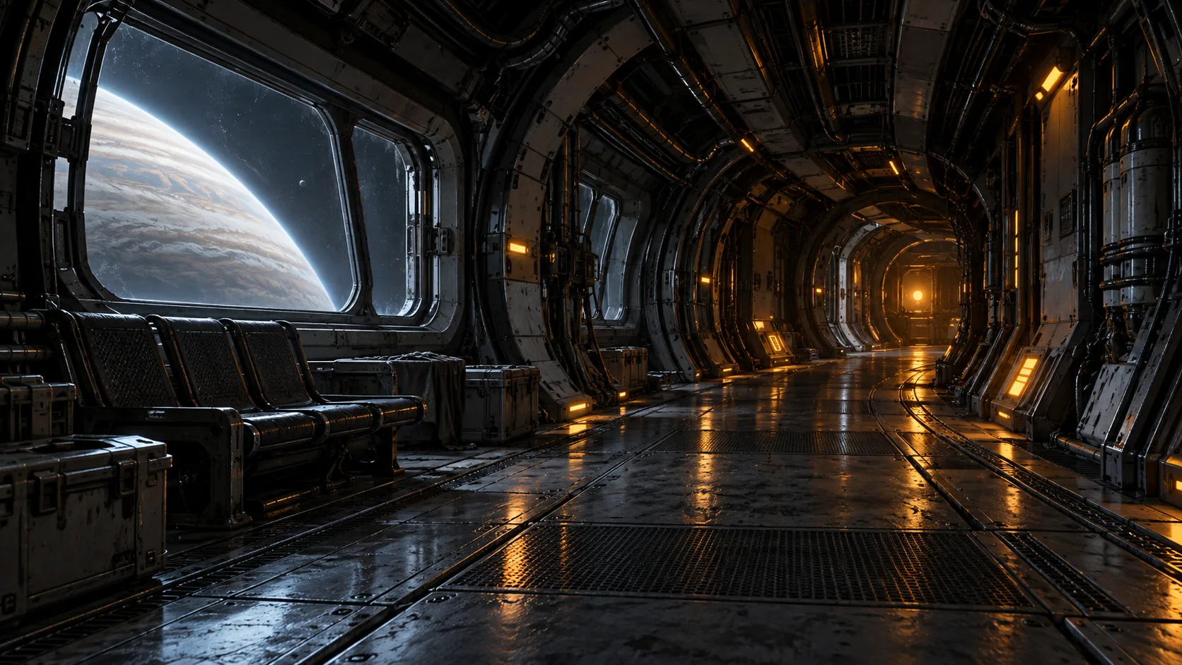 An amber-lit corridor leads toward the listening array.