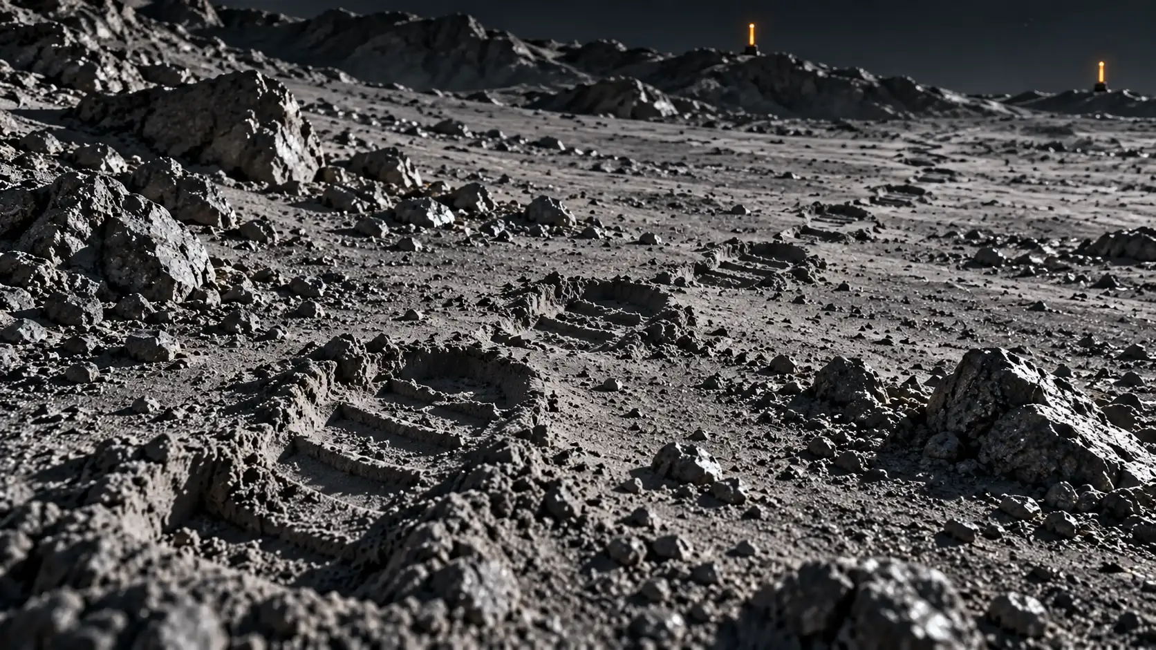 Frame 3 of 3: a single trail of expedition boot prints crosses the moon dust.