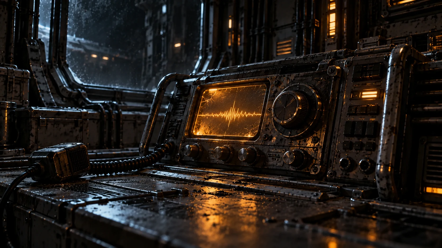 Frame 2 of 3: an amber waveform glows on the abandoned receiving console.