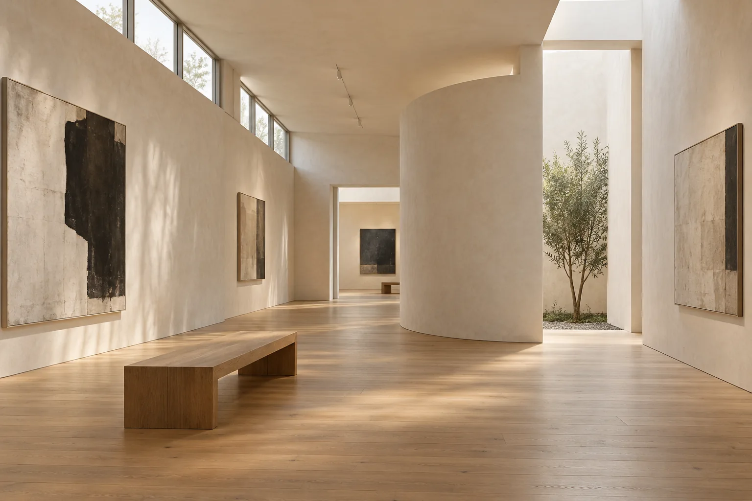 Quiet gallery interior with pale oak benches, lime plaster walls, and broad north light across the floor